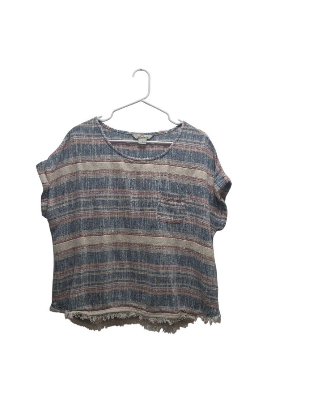 Bob Timberlake Striped Linen Blend Frayed Hem Pocket Crop Top Blue Large Boho